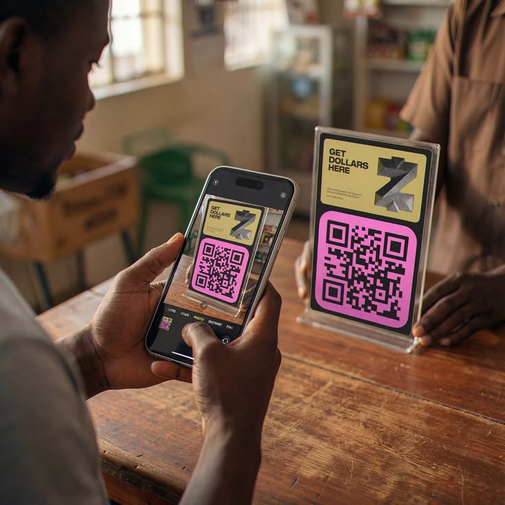 A customer in a small shop scanning a countertop QR code sign with their phone camera